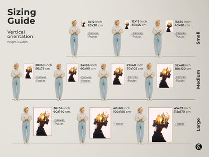 Sizing guide vertical orientation woman profile cityscape art. Abstract surreal wall art. Conceptual urban landscape canvas in orange yellow gold sunset. Contemporary art for modern bedroom wall decor or contemporary office art. Find the perfect size for your space.