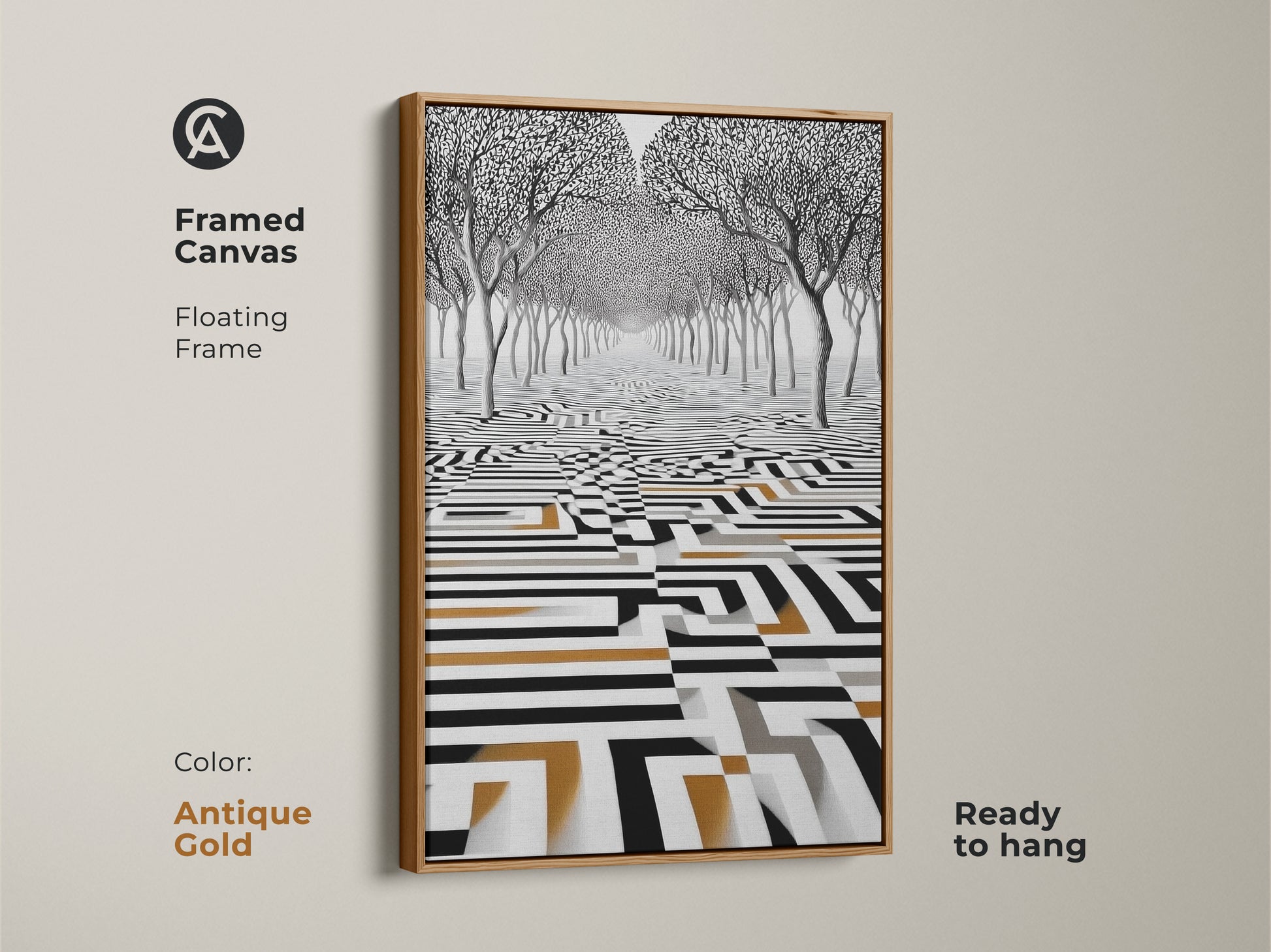 Antique gold framed canvas featuring an abstract surreal landscape with stylized trees. The geometric maze pattern art displays monochrome tones with gold accents. This contemporary print is ready to hang adding a unique touch.