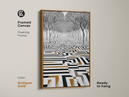 Antique gold framed canvas featuring an abstract surreal landscape with stylized trees. The geometric maze pattern art displays monochrome tones with gold accents. This contemporary print is ready to hang adding a unique touch.
