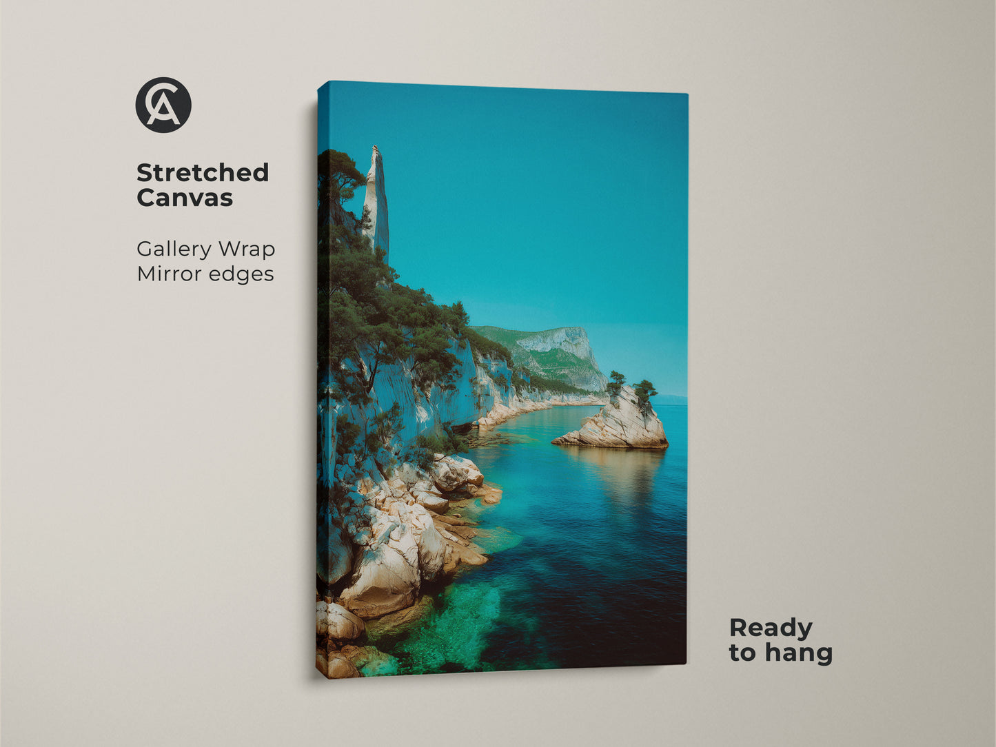 Bring the beauty of the coast home with this Azure Ocean Cliff Canvas art. The stretched canvas features a turquoise coastal landscape print. It's ready to hang and adds a calming seaside view to your living room. This artwork makes a thoughtful housewarming gift for ocean enthusiasts.