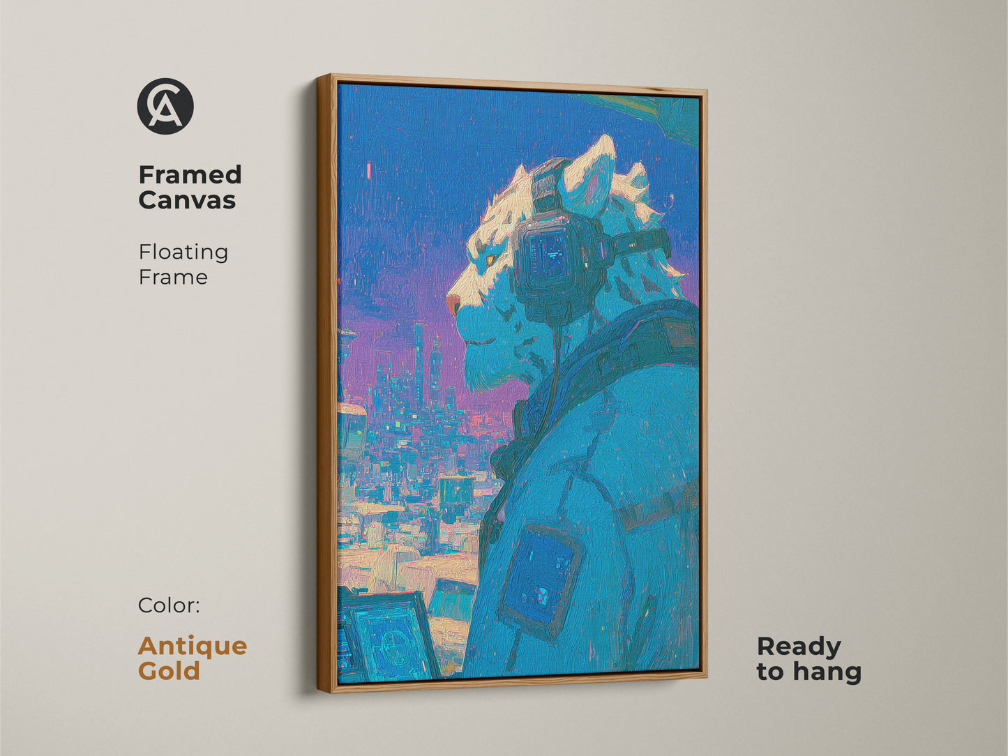 Elevate your interior with this framed canvas artwork. The floating frame adds a touch of sophistication. It features a cyberpunk snow leopard wearing headphones gazing over a vibrant cityscape. The antique gold frame enhances the vibrant colors. Ready to hang.