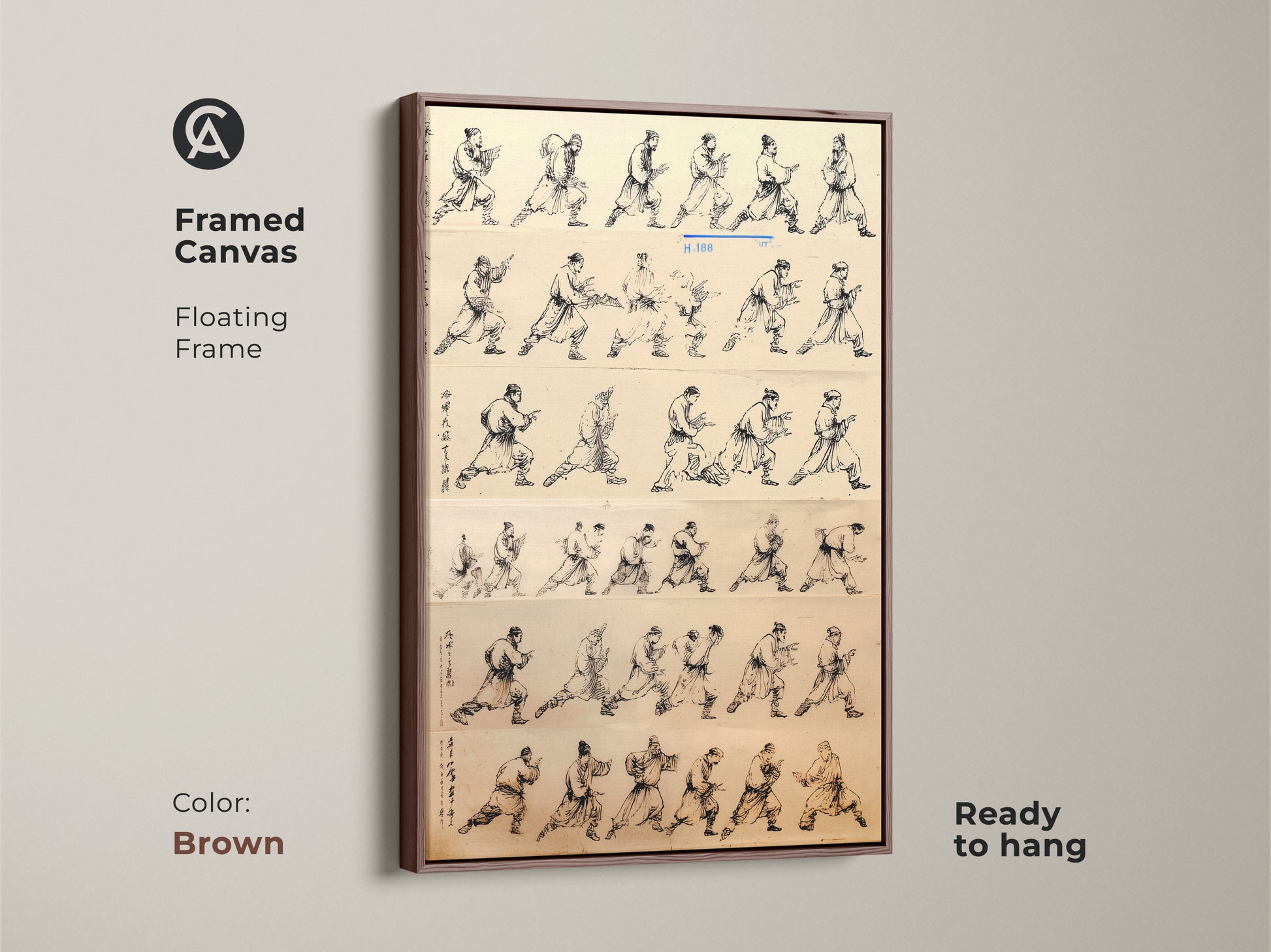 Brown framed canvas featuring minimalist ink wash art. This martial arts action poses wall decor is ready to hang. The sepia tone artwork adds a touch of historical elegance. Perfect as a study room or office gift. This unique art print is a great addition to minimalist and traditional decor styles.