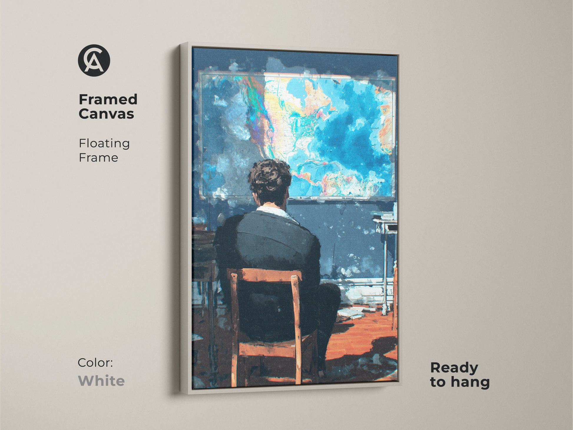 Transform your home with 'The Observer' framed canvas. A white floating frame highlights this thought-provoking artwork. It showcases a man gazing at a vibrant world map. Ready to hang and admire. This framed canvas adds a touch of sophistication to any room.