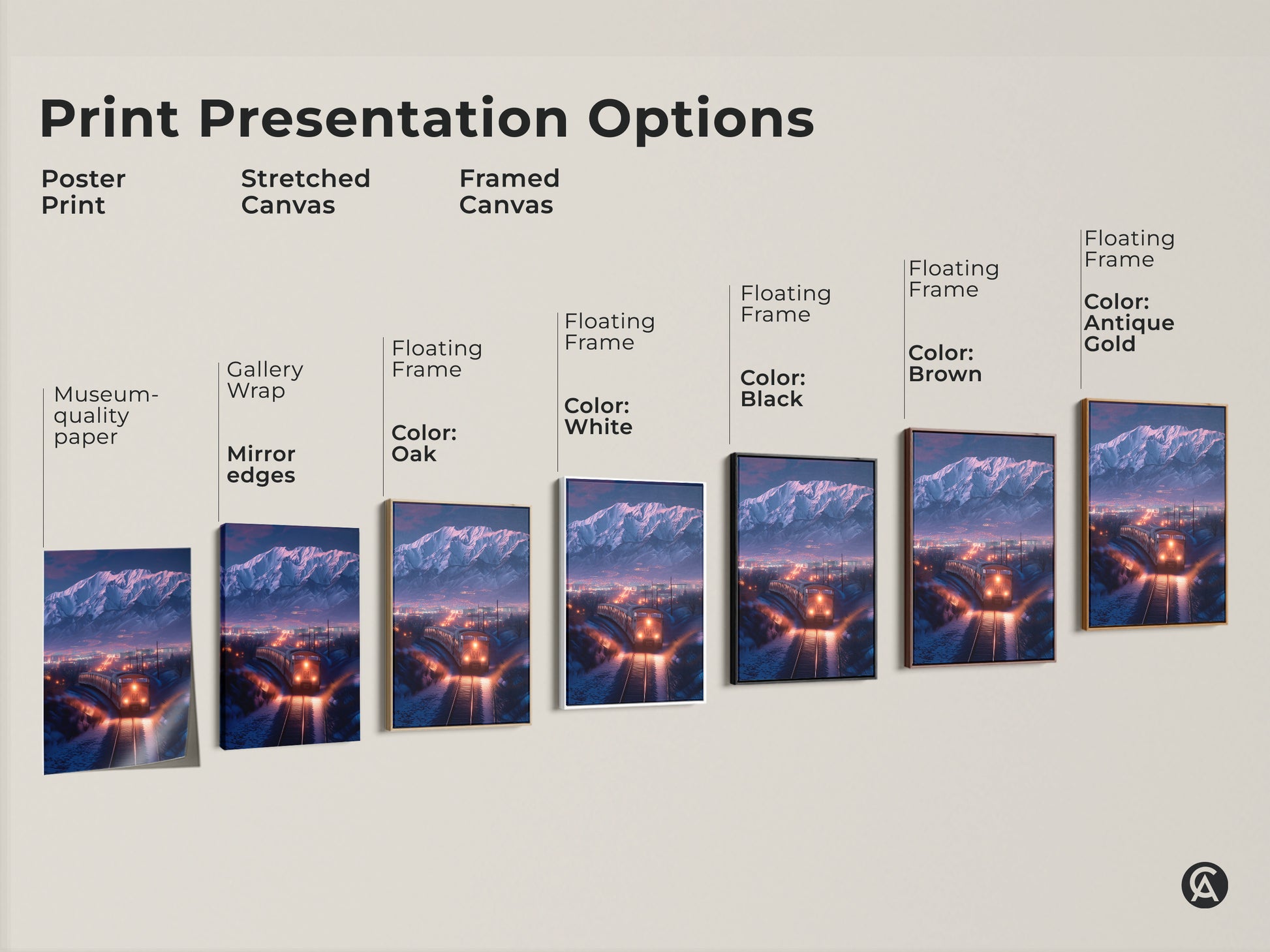 Explore print presentation options. Poster prints stretched canvas and framed canvas of the same artwork. All showcase a winter train landscape. Floating frame with various colors available Oak White Black Brown and Antique Gold options. Find the perfect mountain cityscape art for any space.