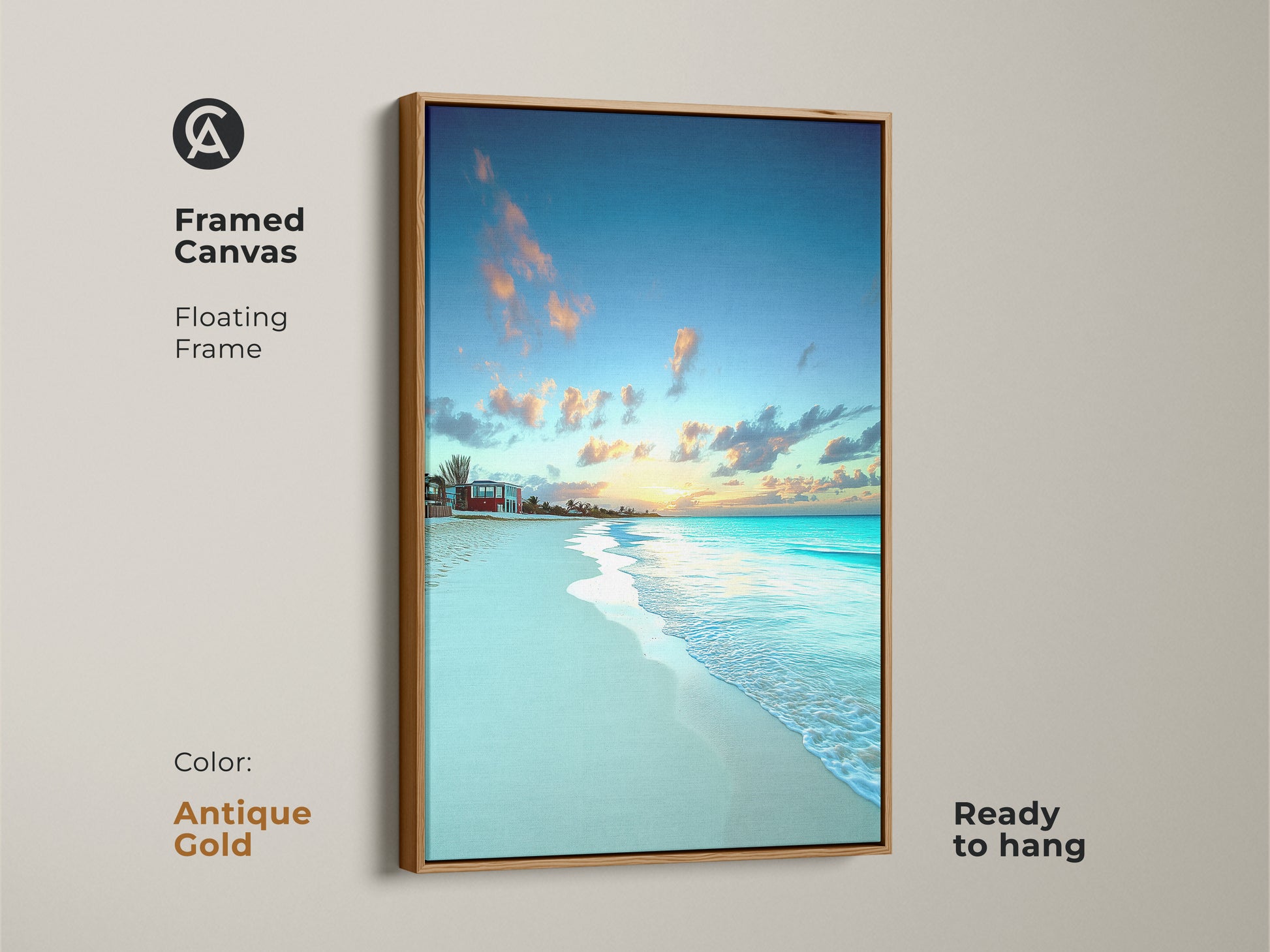 Antique gold floating frame surrounds this framed canvas art. Sky blue and yellow colors highlight the tropical beach scene. Residential beach decor brings a tranquil ocean view.