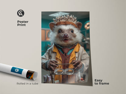 Poster print presentation of the Science Hedgehog Canvas Art. The animal doctor print would look great in any office. This tan & teal eclectic wall decor is a gift option for veterinarians. The poster print of an animal in a lab coat is easy to frame. The art will add personality to any space.