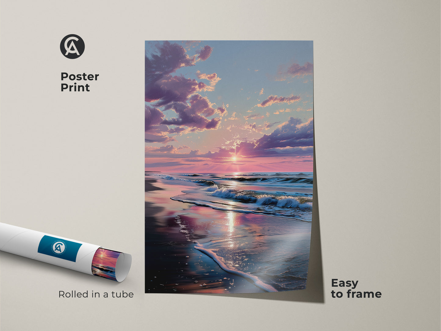 Sunset beach art poster print rolled in a tube. The sun reflects on the wet sand. Ocean waves crash on the beach. This poster is easy to frame. Add a touch of coastal beauty to your walls with this beach print.