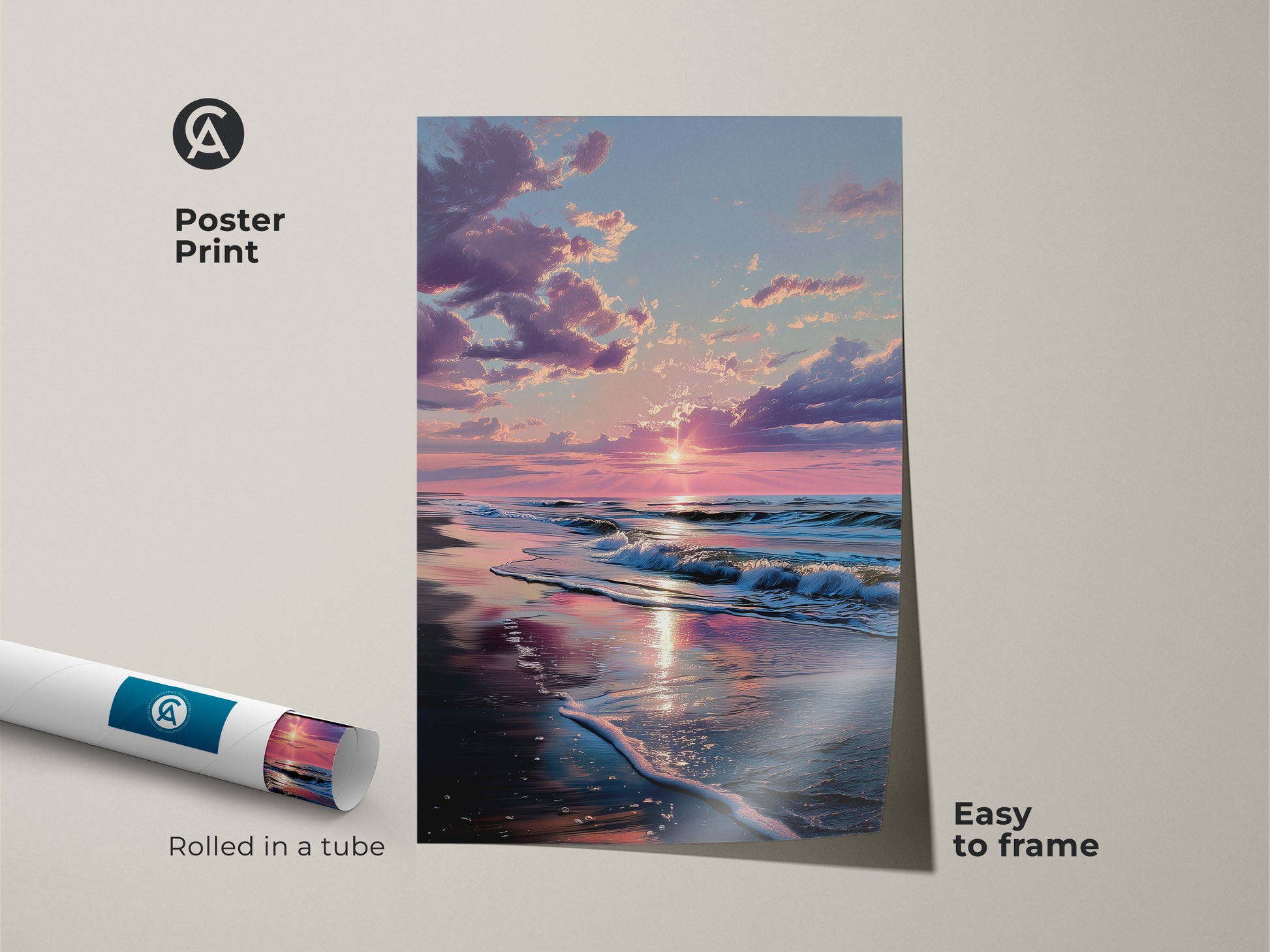 Sunset beach art poster print rolled in a tube. The sun reflects on the wet sand. Ocean waves crash on the beach. This poster is easy to frame. Add a touch of coastal beauty to your walls with this beach print.