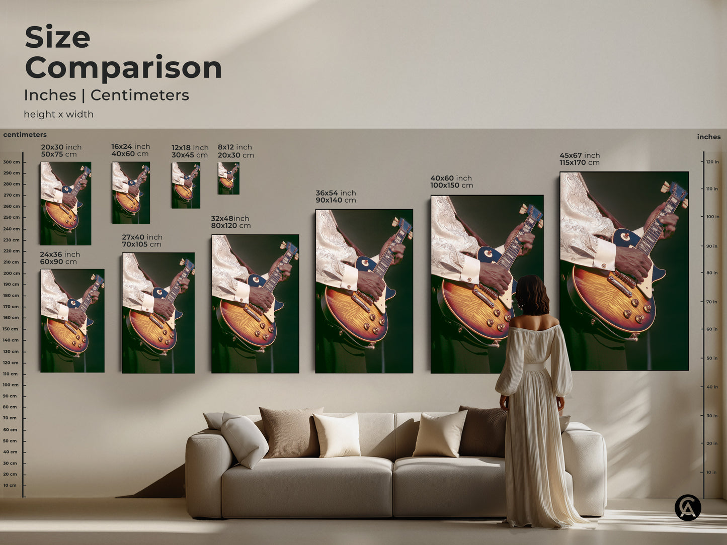 Size comparison of vintage guitarist art prints in inches and centimeters. See how the canvas and poster prints fit above a couch. Perfect retro music art for any room. An ideal eclectic home decor gift for musicians.