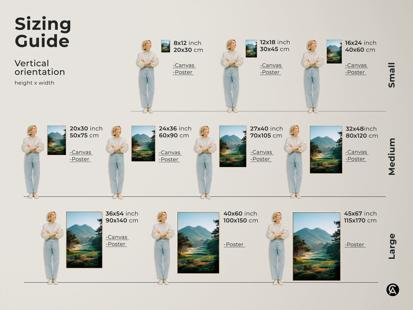 Sizing guide for vertical golf course landscape artwork. Find the perfect fit with canvas and poster prints in small medium and large sizes. Visualize the ideal size for your golf art. Transform your space with stunning golf course artwork today.