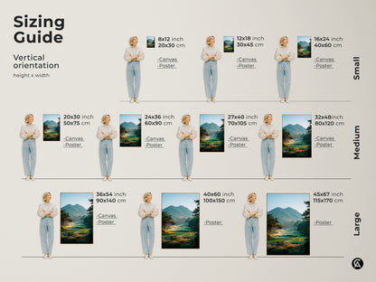 Sizing guide for vertical golf course landscape artwork. Find the perfect fit with canvas and poster prints in small medium and large sizes. Visualize the ideal size for your golf art. Transform your space with stunning golf course artwork today.