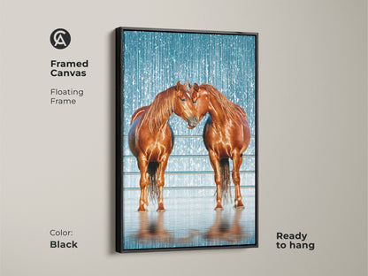 A framed canvas showcases an artwork of two brown horses with a black floating frame. This rustic equestrian decor is ready to hang. The textured blue background with a snow effect makes this animal lover gift stand out and is great for a ranch-style home.