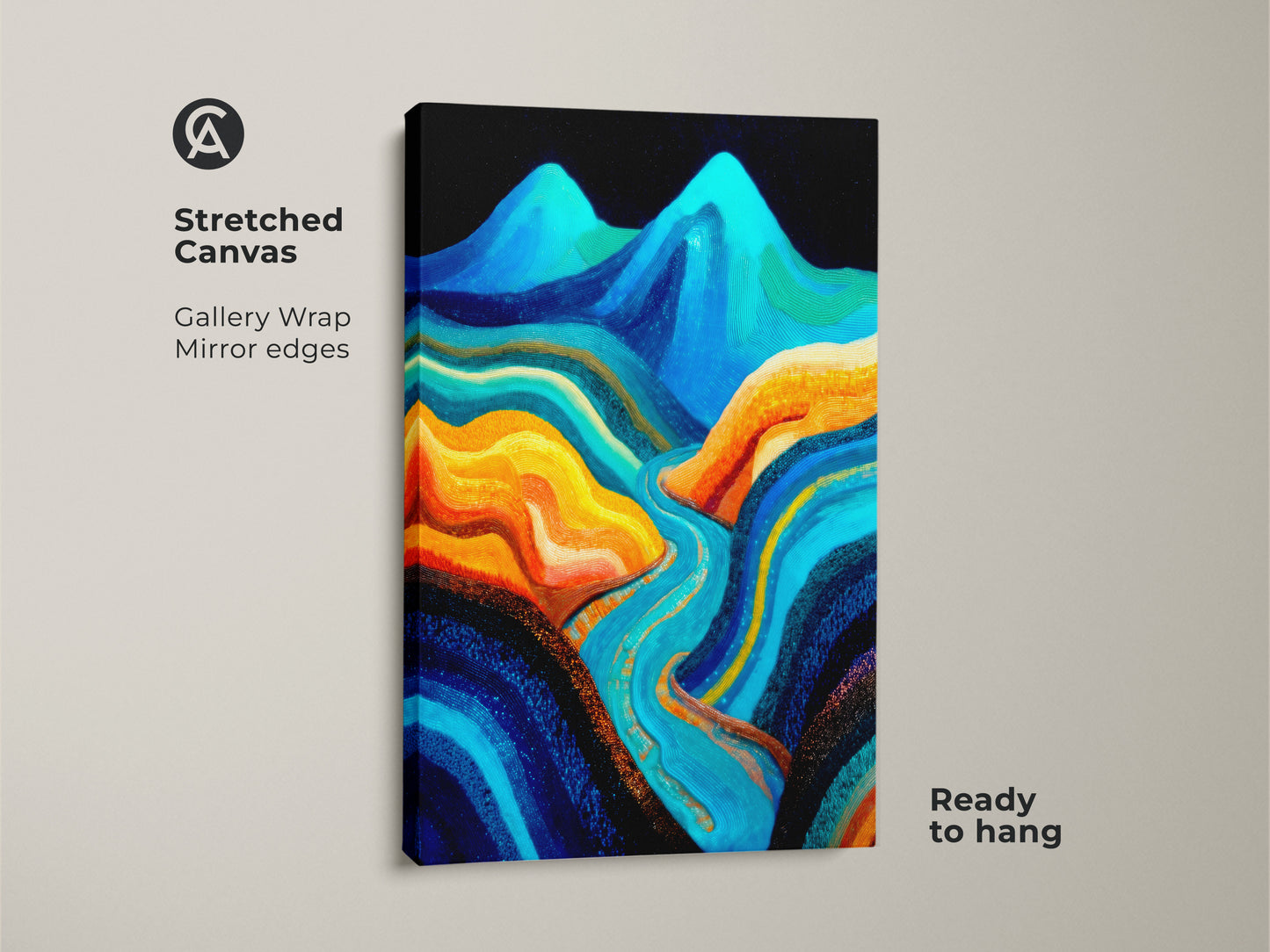 Stretched canvas of abstract mountain art. Blue river canvas print displays gallery wrap mirror edges. The contemporary landscape art is ready to hang. Aqua orange abstract painting adds color.