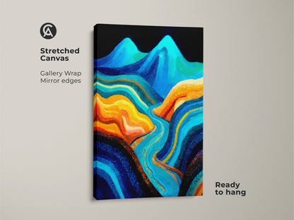 Stretched canvas of abstract mountain art. Blue river canvas print displays gallery wrap mirror edges. The contemporary landscape art is ready to hang. Aqua orange abstract painting adds color.