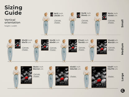 Sizing guide for vertical modern botanical art. See how different sizes fit with canvas and poster options. Sizes range from small 8x12 to large 45x67 inches. Visualize the impact of minimalist floral wall art. Choose the perfect size for your red poppy line art canvas. Transform your space with elegant floral home decor. Modern art to enhance any room.