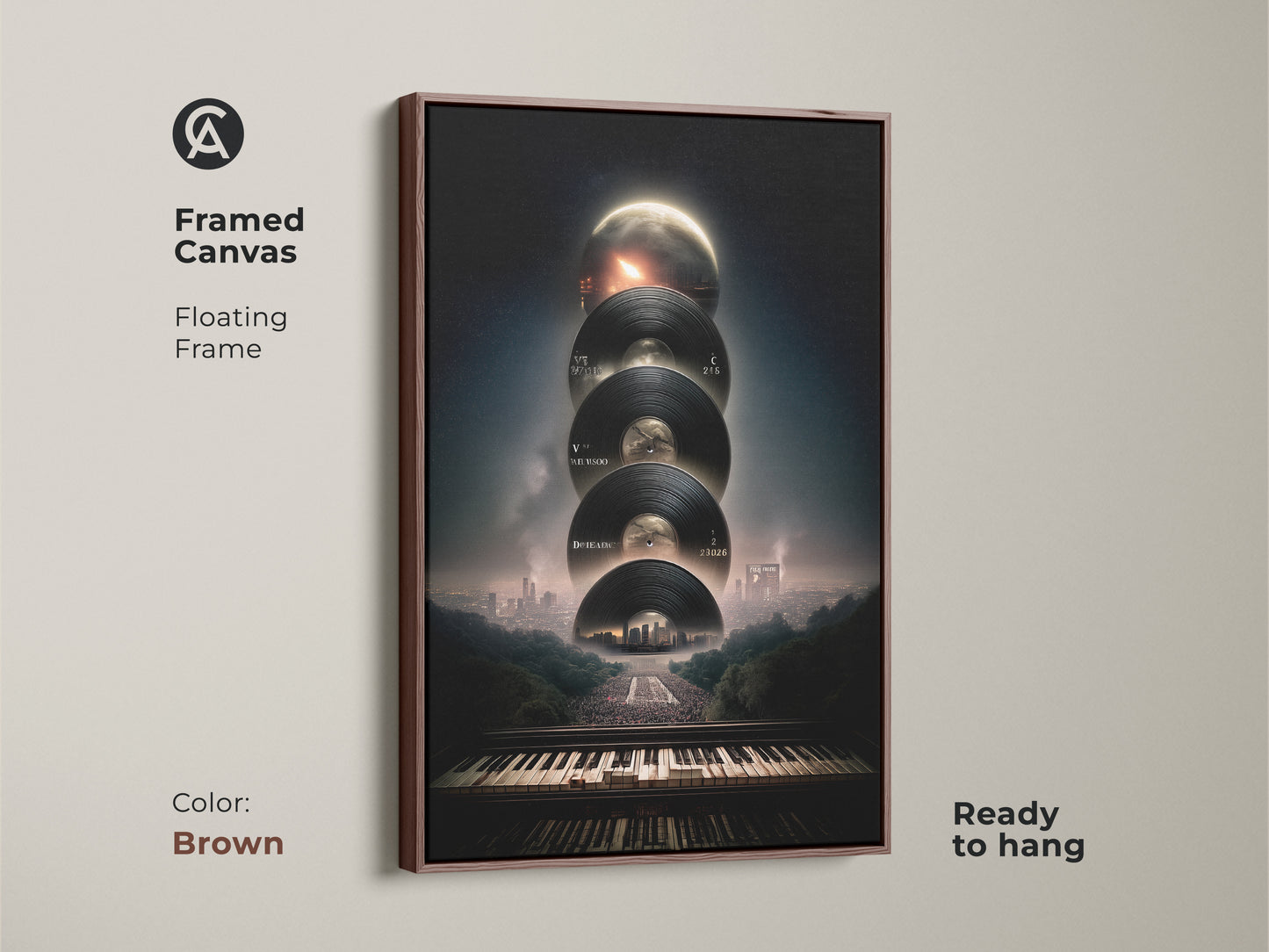 Framed Canvas: Surreal music artwork with a floating brown frame ready to hang. It features a vinyl record piano keyboard cityscape print making a thoughtful musician birthday gift. A modern music decor and dreamy cityscape art.