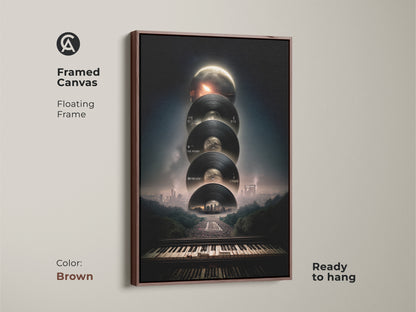 Framed Canvas: Surreal music artwork with a floating brown frame ready to hang. It features a vinyl record piano keyboard cityscape print making a thoughtful musician birthday gift. A modern music decor and dreamy cityscape art.