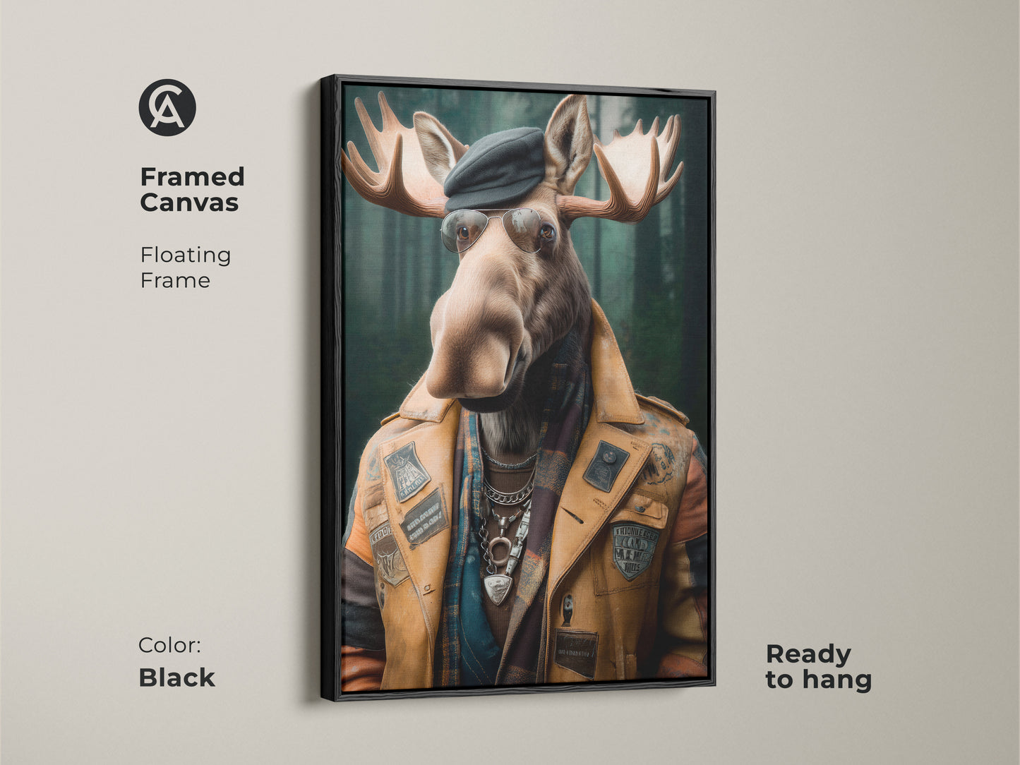 Framed canvas displaying the 'Dapper Moose' artwork. It features a black floating frame. This surreal animal portrait is ready to hang. This eclectic style adds charm to any room or masculine home office.
