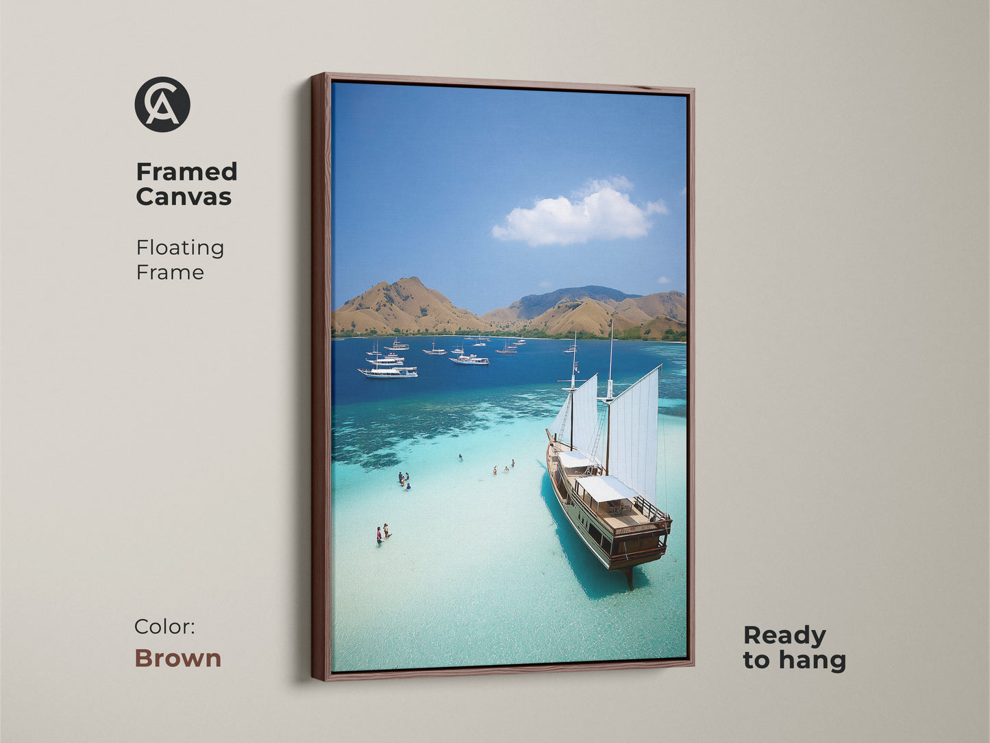 The framed canvas offers coastal elegance with its brown frame. This aerial view ocean print brings a beach house feel. The turquoise waters sparkle in this tropical island artwork. Enhance your space with nautical sailboats art. Ready to hang and enjoy the serenity.