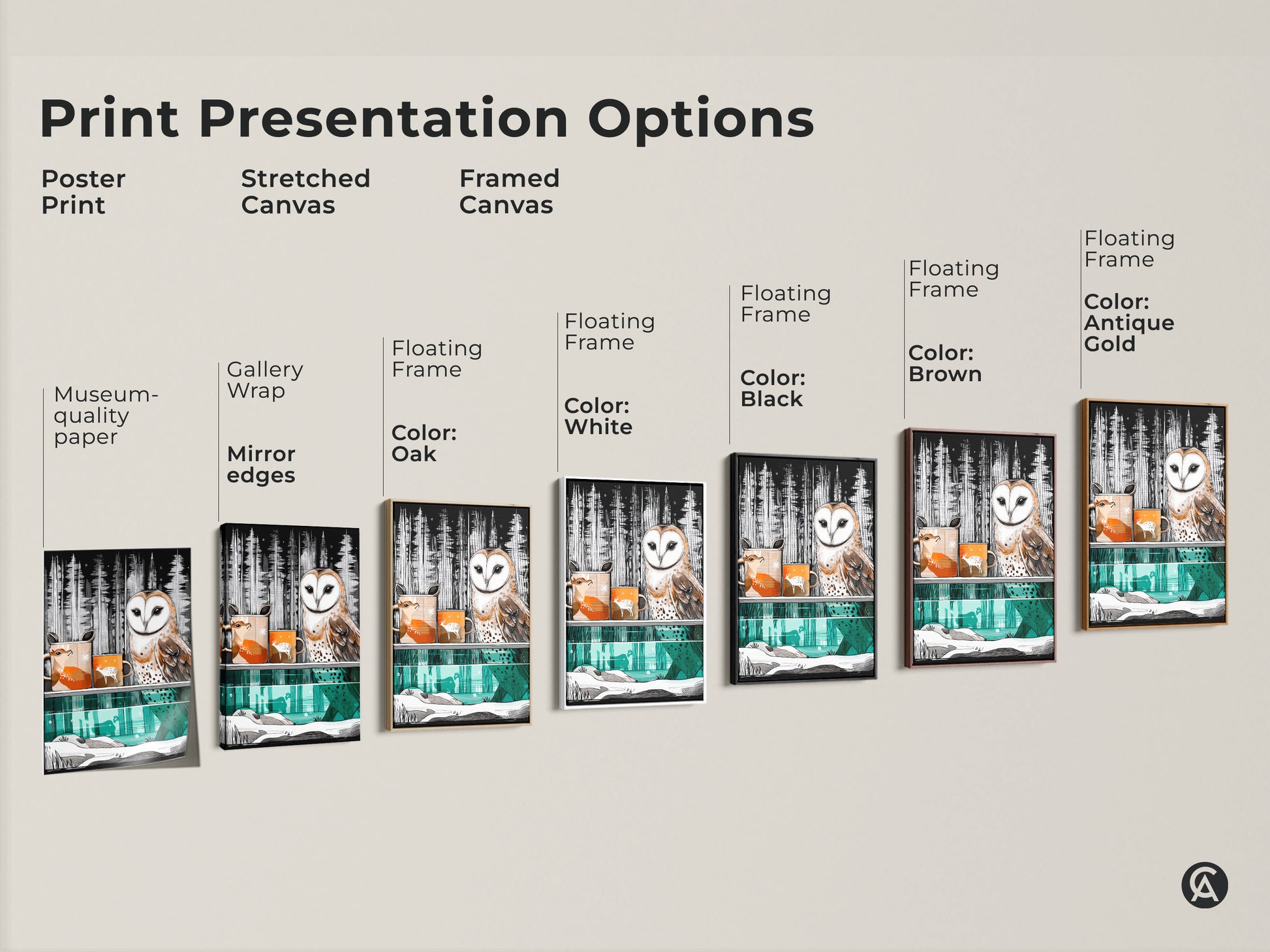 Explore print presentation options for barn owl and deer art. Choose from poster prints to stretched or framed canvases. Different colors like black brown and gold are available.