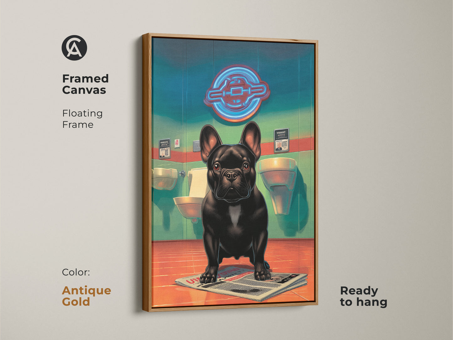 Framed canvas art with an antique gold floating frame. This French Bulldog print is a cool artwork for a dog lover. The retro futurism wall art will enhance your powder room. The colorful bathroom art can be readily hung.