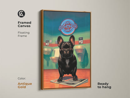 Framed canvas art with an antique gold floating frame. This French Bulldog print is a cool artwork for a dog lover. The retro futurism wall art will enhance your powder room. The colorful bathroom art can be readily hung.
