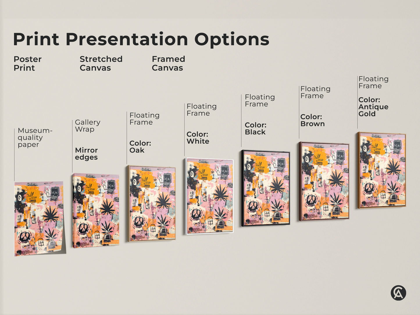 Explore print presentation options for graffiti-style art. Choose from poster prints stretched canvas and framed canvas. The artwork features skulls and cannabis leaves. Find the perfect format. Enhance your space with unique wall art.