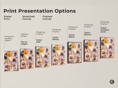 Explore print presentation options for graffiti-style art. Choose from poster prints stretched canvas and framed canvas. The artwork features skulls and cannabis leaves. Find the perfect format. Enhance your space with unique wall art.