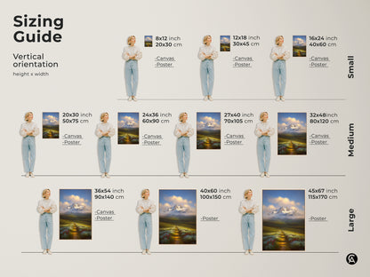 Sizing guide for vertical mountain landscape canvas and poster prints. Visualize 8x12 to 45x67 inch options. See how each size enhances the wildflower path and mountain.