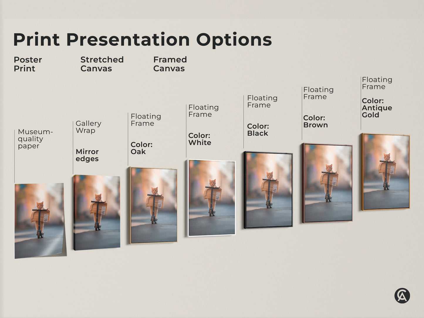 Print presentation options showcase various artwork styles. Choose from poster prints stretched canvas and framed canvas. Find the perfect style to display the ginger cat on a scooter artwork. Each option enhances the unique charm of the digital painting.