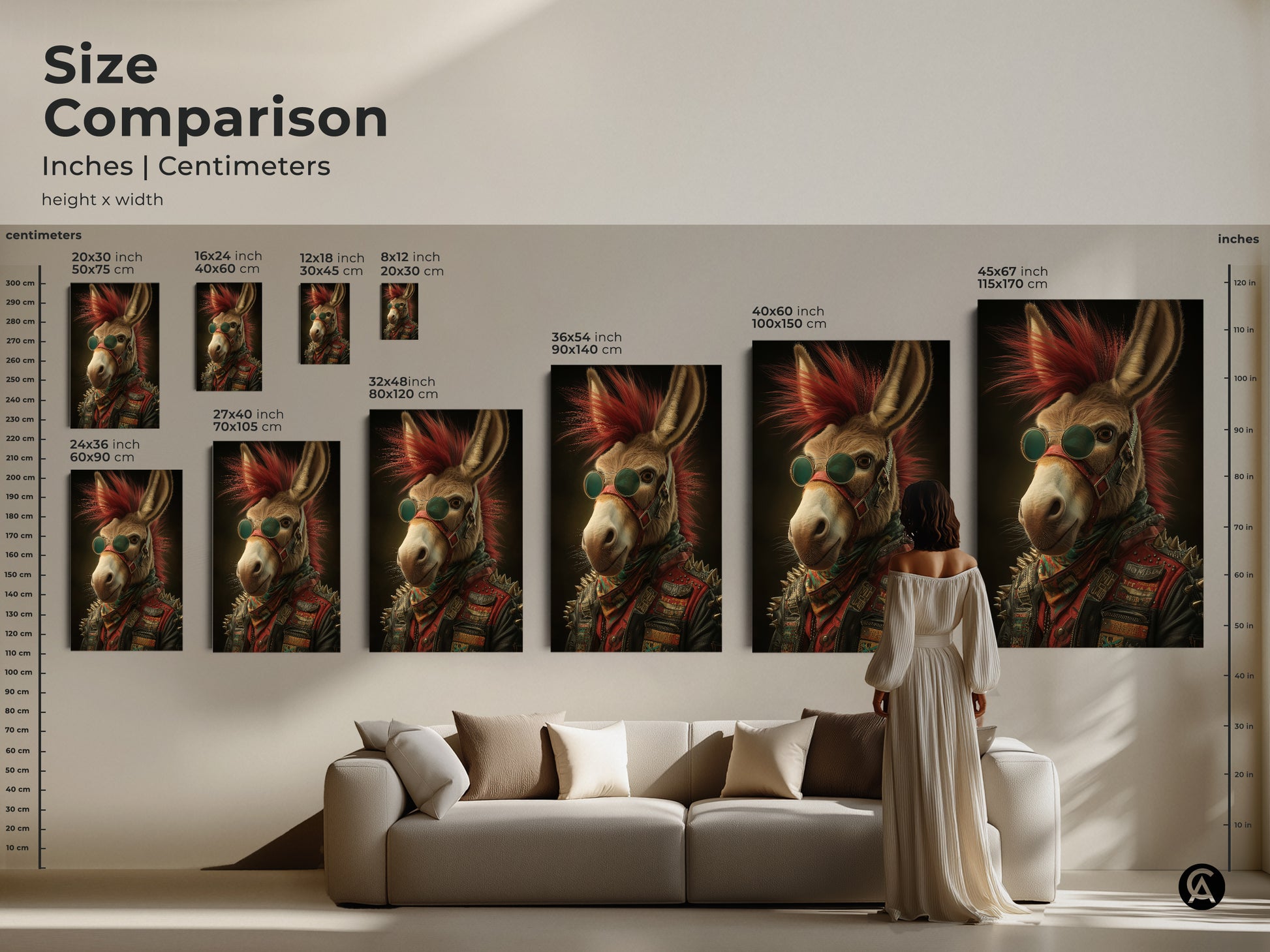 A size comparison featuring the punk rock donkey art print. The retro animal print is shown in various sizes from small to large. Perfect wall decor for music lovers. Add personality to any room with this eclectic wall hanging.