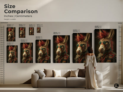 A size comparison featuring the punk rock donkey art print. The retro animal print is shown in various sizes from small to large. Perfect wall decor for music lovers. Add personality to any room with this eclectic wall hanging.