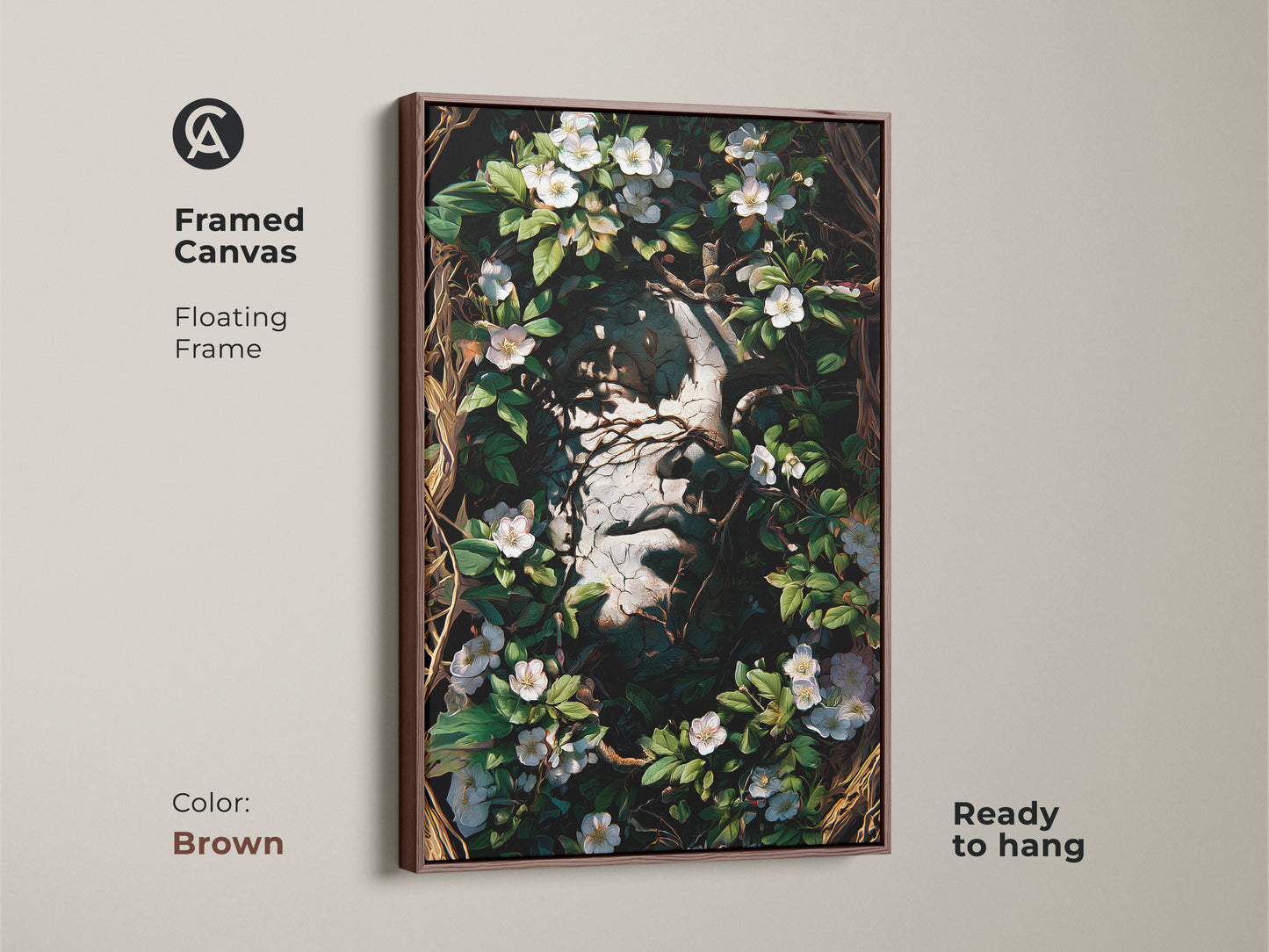 Brown Framed Canvas of a Dark Academia Botanical Face Art Print. A floating frame and ready to hang Gothic inspired decor. This piece features white flowers and greenery. Ideal for surrealism home decor and eclectic style.