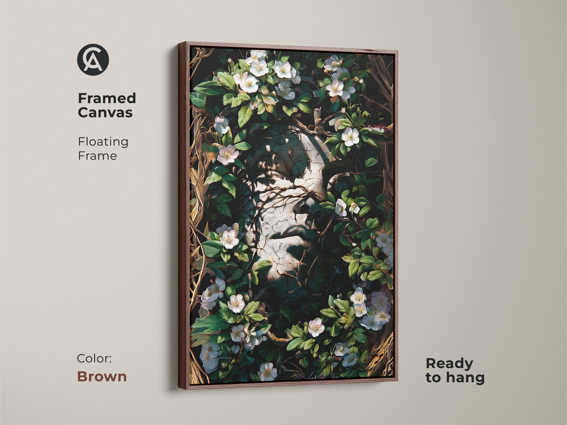 Brown Framed Canvas of a Dark Academia Botanical Face Art Print. A floating frame and ready to hang Gothic inspired decor. This piece features white flowers and greenery. Ideal for surrealism home decor and eclectic style.