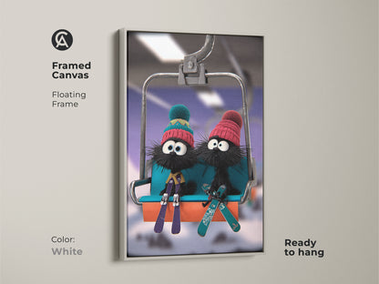 Framed canvas art print of cartoon furballs on a ski lift with a white floating frame. Ideal for kids' room winter decor this winter animal wall art adds a whimsical touch. This cute animal winter scene is ready to hang creating an inviting atmosphere. Perfect for a children's Christmas gift art.