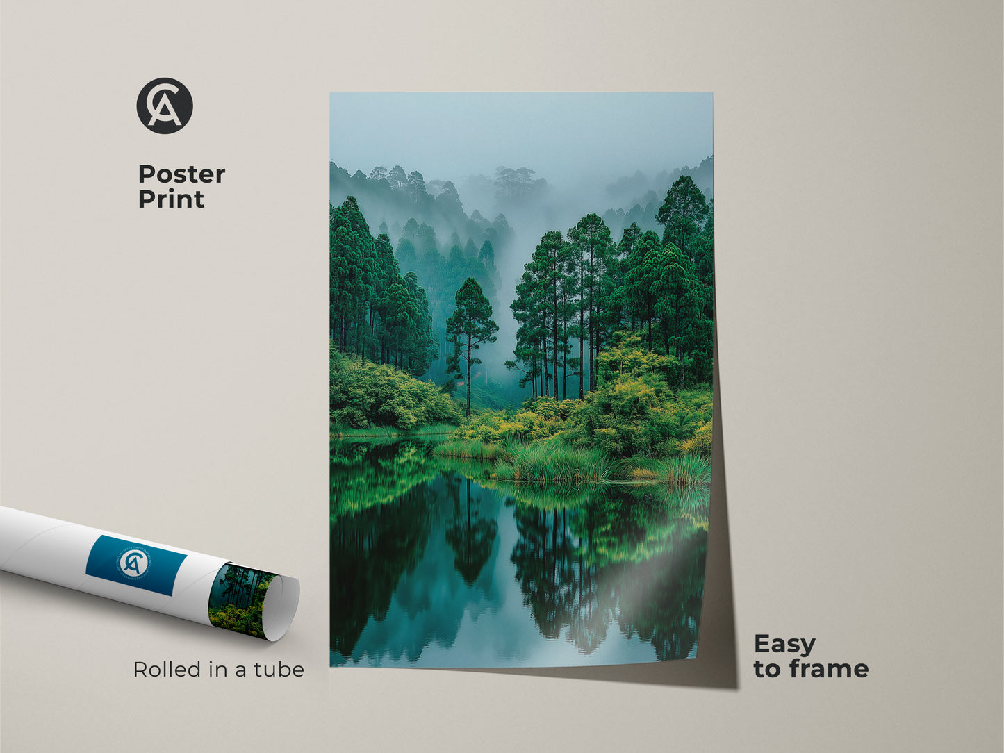 Poster print featuring a calming forest lake landscape. Rolled in a tube for easy framing. This museum-quality paper print captures the fine details of the natural scene. Perfect wall decor