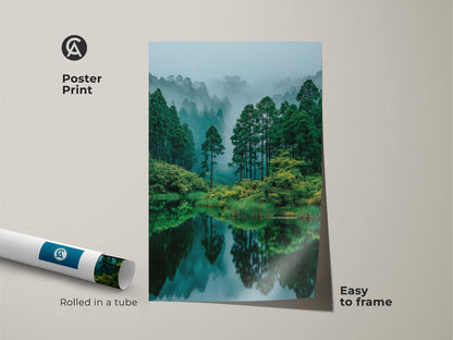 Poster print featuring a calming forest lake landscape. Rolled in a tube for easy framing. This museum-quality paper print captures the fine details of the natural scene. Perfect wall decor