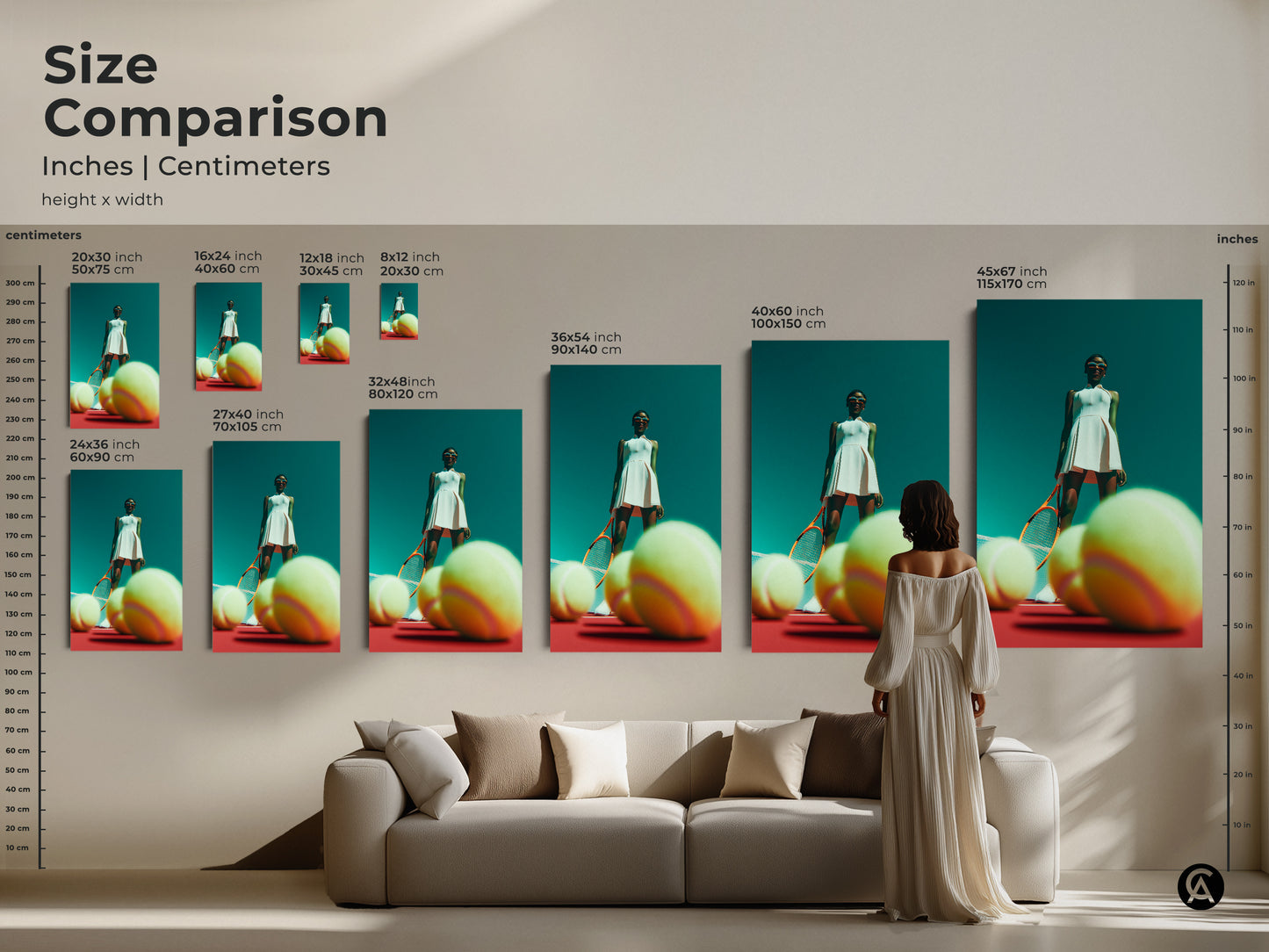 Size comparison of tennis player artwork prints. Featuring sizes in inches and centimeters. The artwork depicts a tennis player on a red court. Sizes range from small 8x12 to large 45x67. See how each size looks in a living room setting. Choose the perfect size for your home