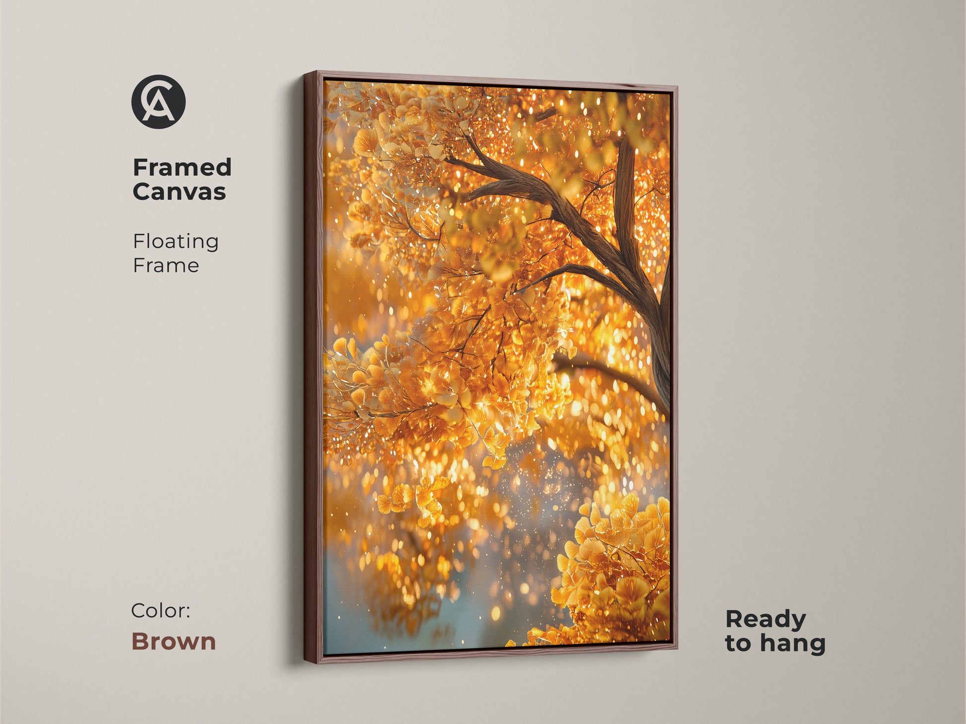 Framed canvas featuring a golden tree with a brown floating frame. This warm tone enhances the golden leaves. The artwork brings nature-inspired beauty to your walls. Ready to hang for a seamless addition to your decor.