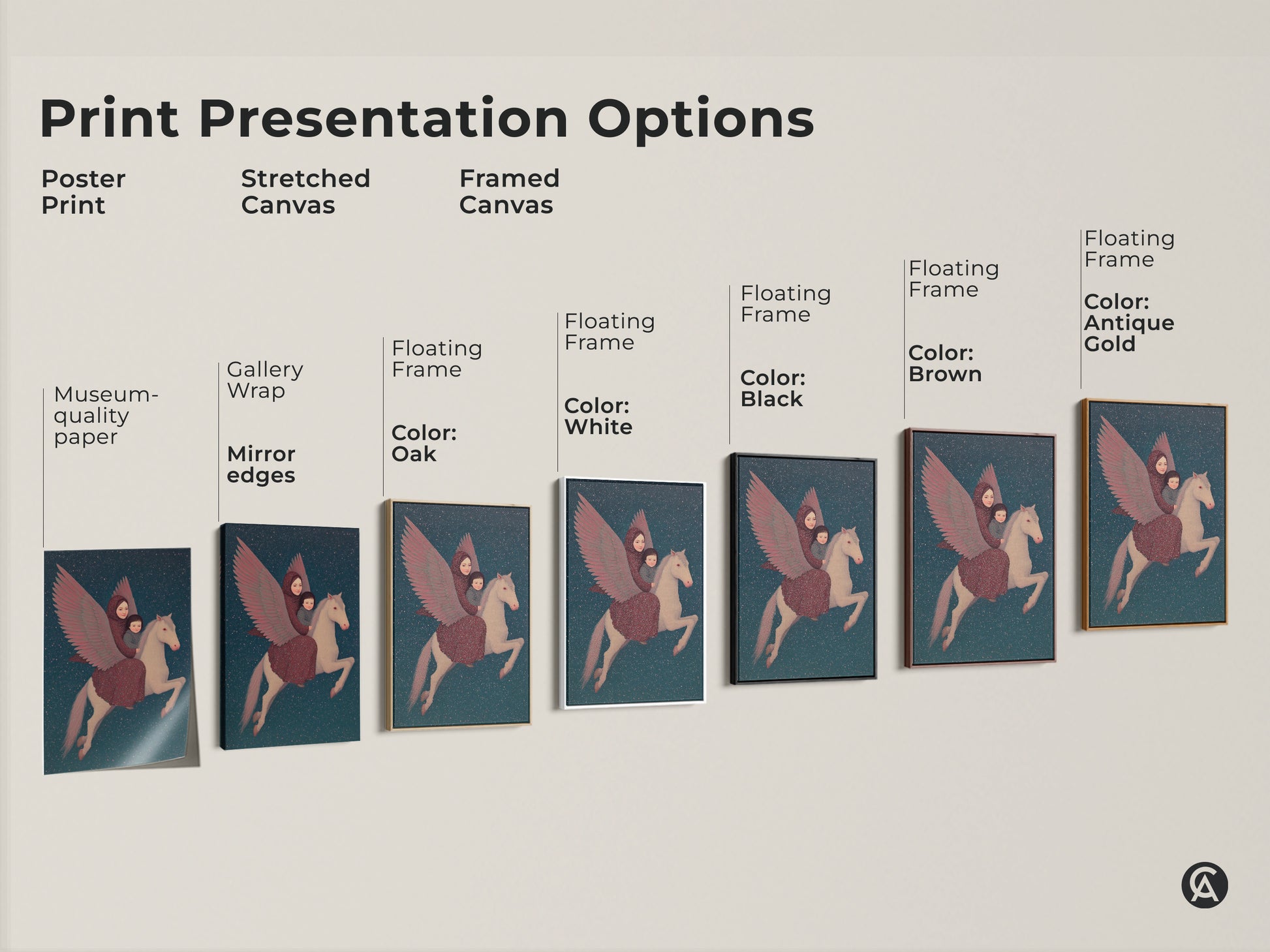 The art print presentation options feature poster prints stretched canvases and framed canvases. Each display the celestial mother child Pegasus artwork. Select a style that shows off the art and matches your decor. From the nursery to the living room.