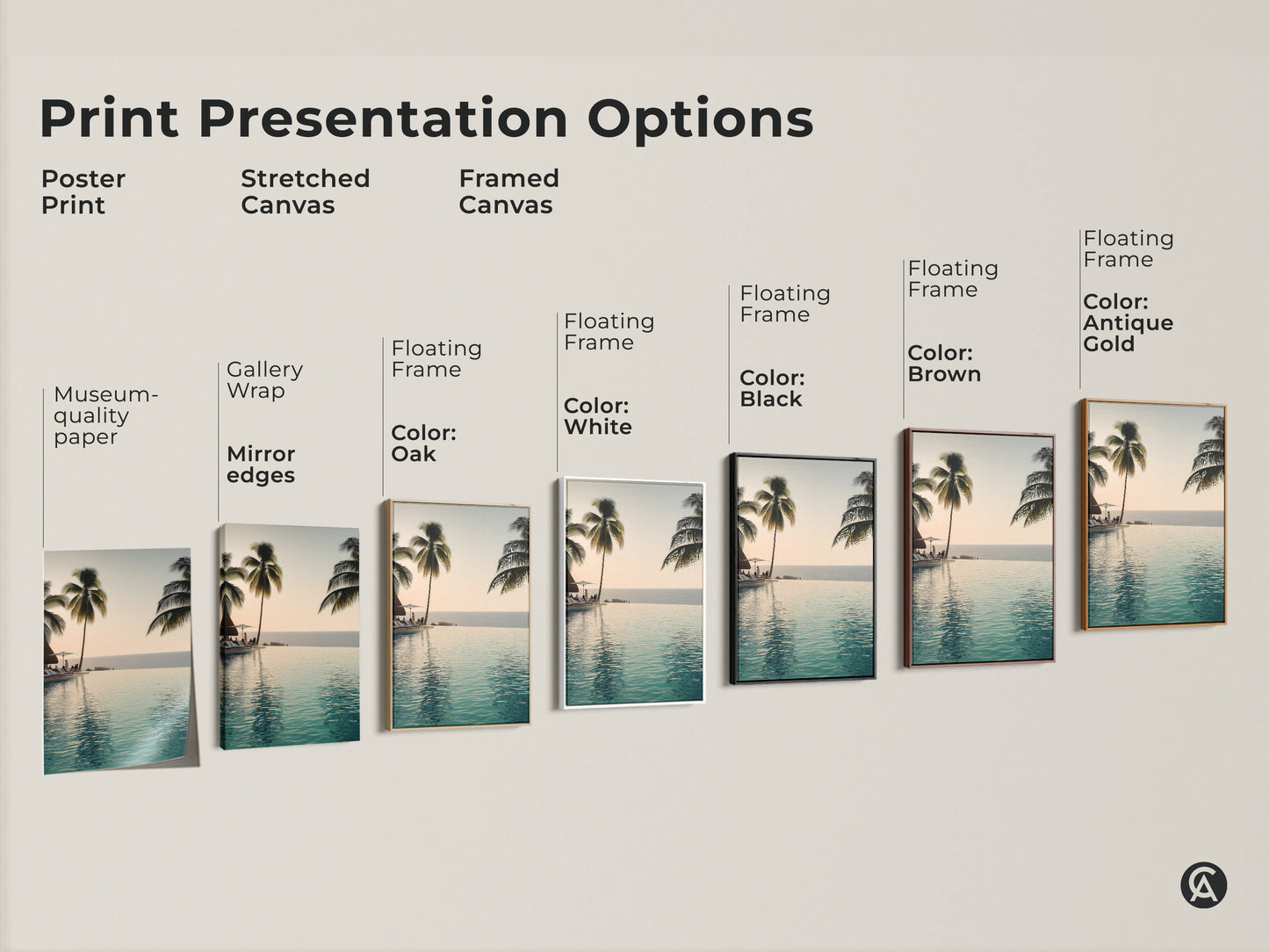 Explore print presentation options with this museum quality paper. Stretched canvas and framed canvas offer gallery wrap and floating frame styles. Choose black brown oak antique gold or white frames.
