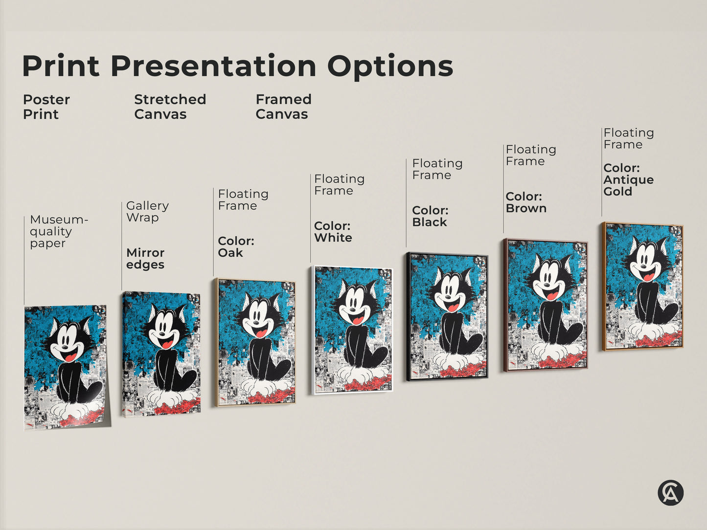 Print presentation options for Felix the Cat artwork. Choose from poster print stretched canvas or framed canvas. Each option showcases the cartoon cat art in high quality. Find the perfect style.