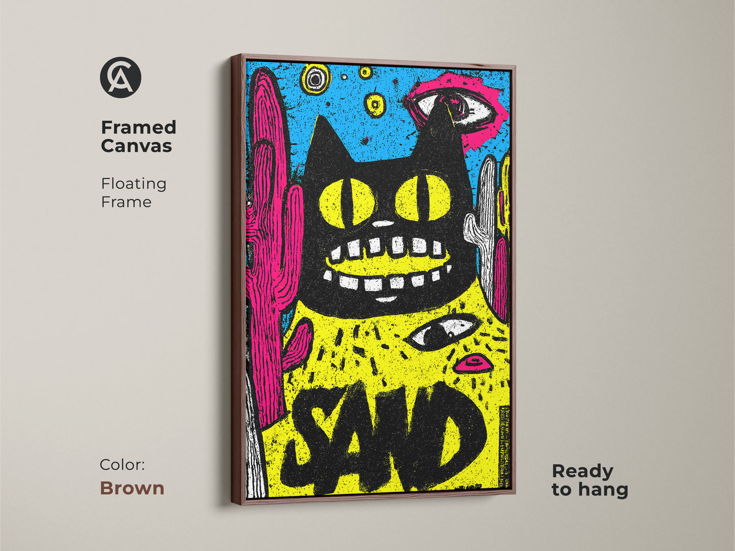 Framed canvas art featuring a black cat with cacti. The floating frame enhances the art. The brown frame adds a warm touch to the artwork. It is ready to hang and will elevate your wall decor.