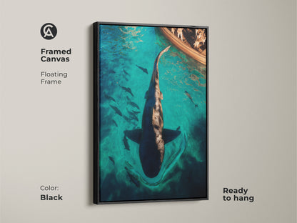 Framed Canvas of a Surreal Shark Artwork. This turquoise ocean wall art features a boat adventure scene. Black floating frame and ready to hang. Perfect for coastal living room art. A captivating print for those who love the ocean's mysteries.