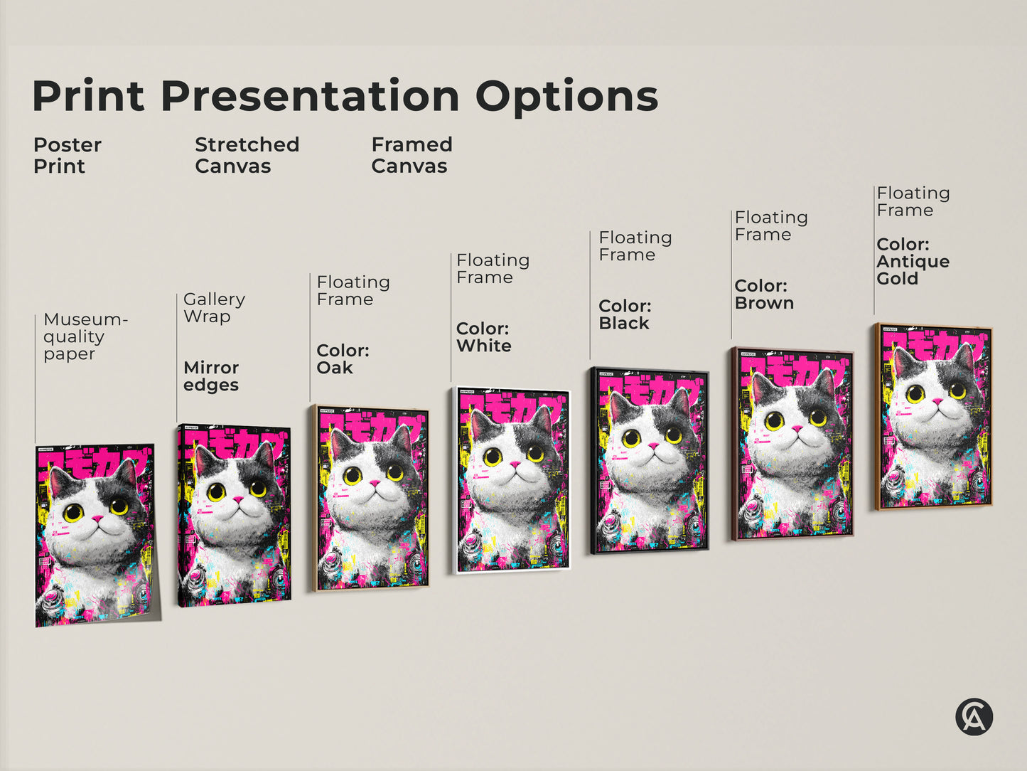 Explore print presentation options with this cute cat artwork. Choose from poster prints stretched canvases or framed canvases. Each option highlights the cyberpunk-style cat artwork in a unique way.
