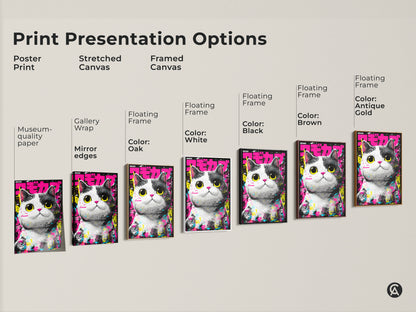 Explore print presentation options with this cute cat artwork. Choose from poster prints stretched canvases or framed canvases. Each option highlights the cyberpunk-style cat artwork in a unique way.