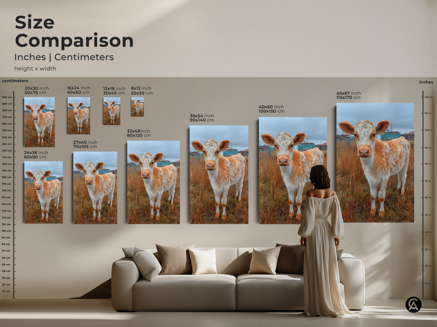Size comparison of Holstein calf artwork. See how different sizes look in a living room setting. Sizes range from small to large. Explore canvas and poster print options to enhance your home decor with animal art.