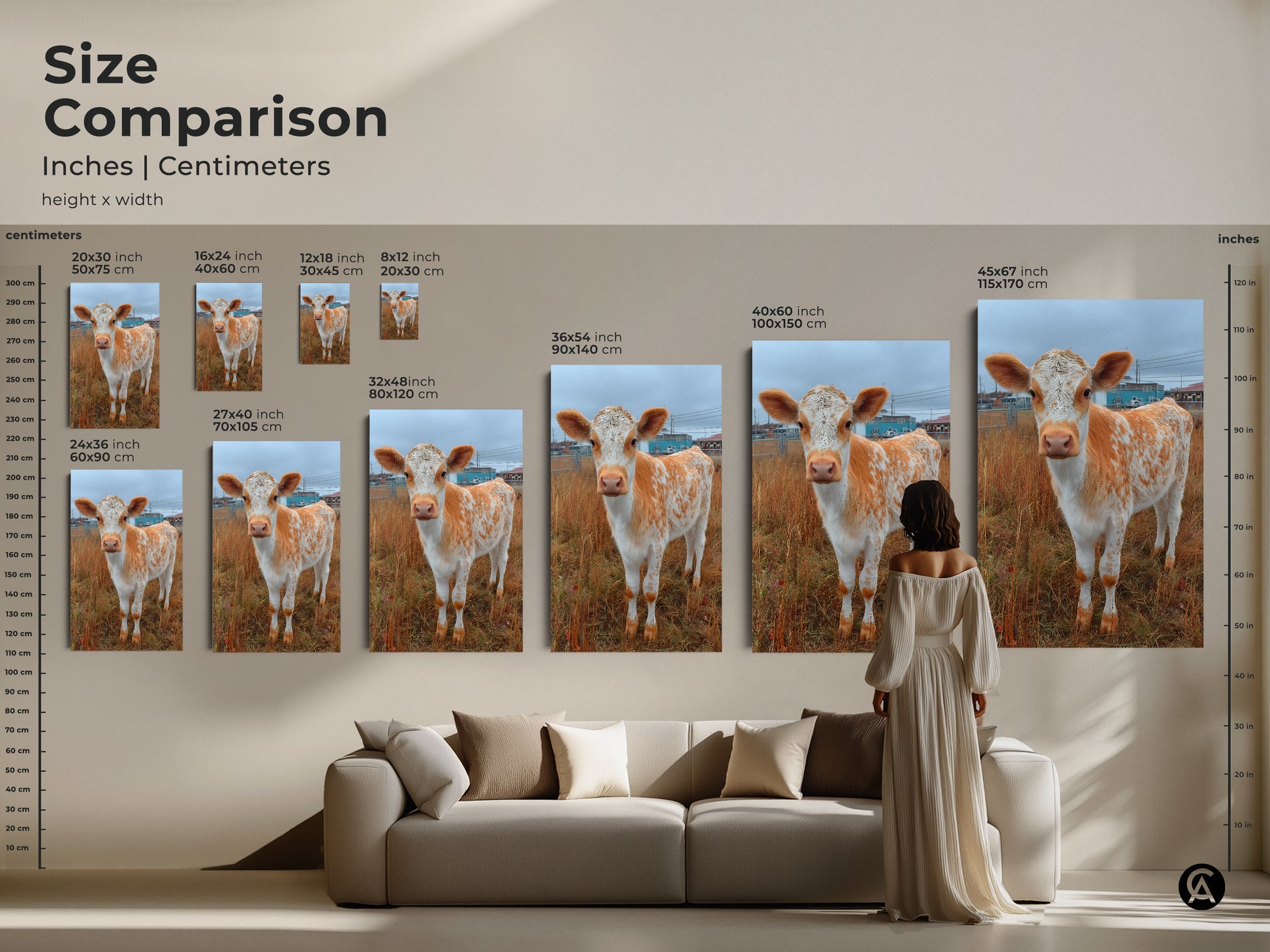 Size comparison of Holstein calf artwork. See how different sizes look in a living room setting. Sizes range from small to large. Explore canvas and poster print options to enhance your home decor with animal art.