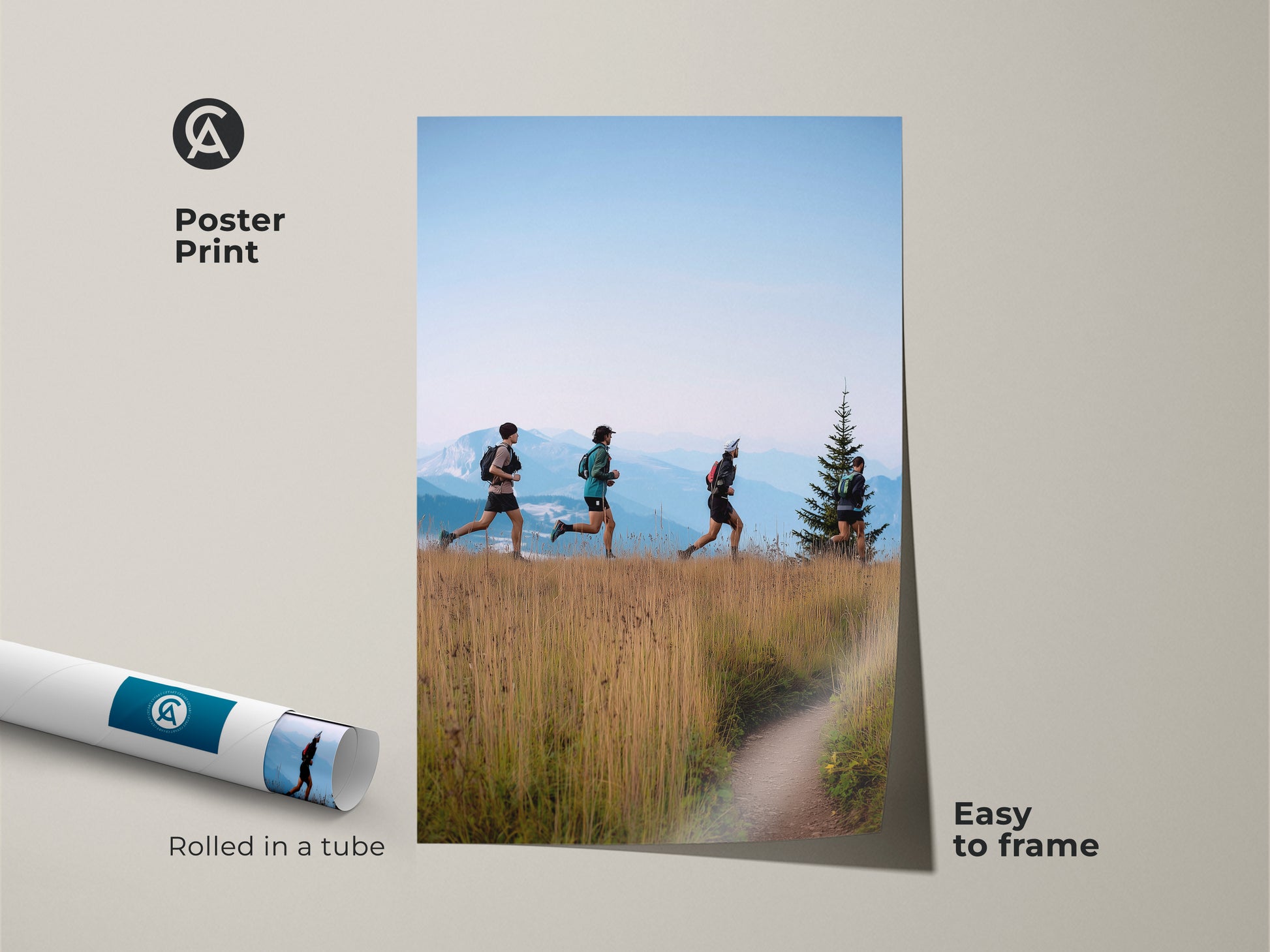 This poster print features a scenic mountain trail with runners. Rolled in a tube for easy framing this print brings outdoor adventure to your walls. The golden yellow and earthy tones evoke a sense of nature. It's a great gift for marathon runners and outdoor enthusiasts. Add this travel landscape print to your home.