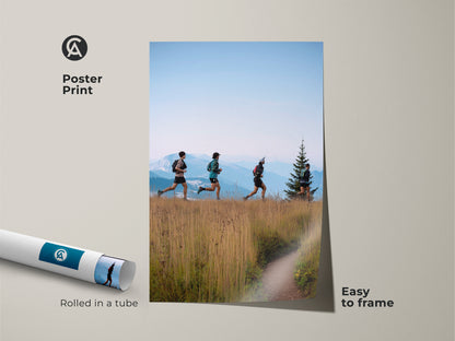 This poster print features a scenic mountain trail with runners. Rolled in a tube for easy framing this print brings outdoor adventure to your walls. The golden yellow and earthy tones evoke a sense of nature. It's a great gift for marathon runners and outdoor enthusiasts. Add this travel landscape print to your home.